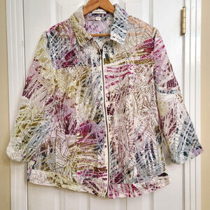 Coldwater Creek Semi Sheer Zip Shirt Jacket Abstract Color Artsy Beachy Size 18